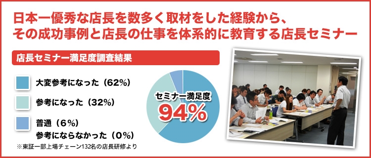 日本一優秀な店長を数多く取材をした経験から、その成功事例と店長の仕事を体系的に教育する店長セミナー